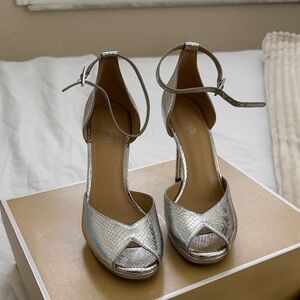 MICHAEL Michael Kors Metallic Silver Ankle Strap Heels